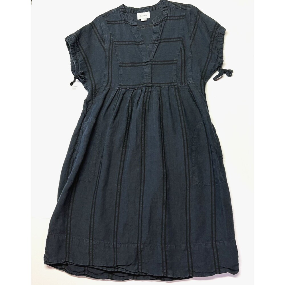 Steven Alan Womens 99% Linen Cotton Navy Black Stripe Dress USA Made Boho Medium - Picture 3 of 16
